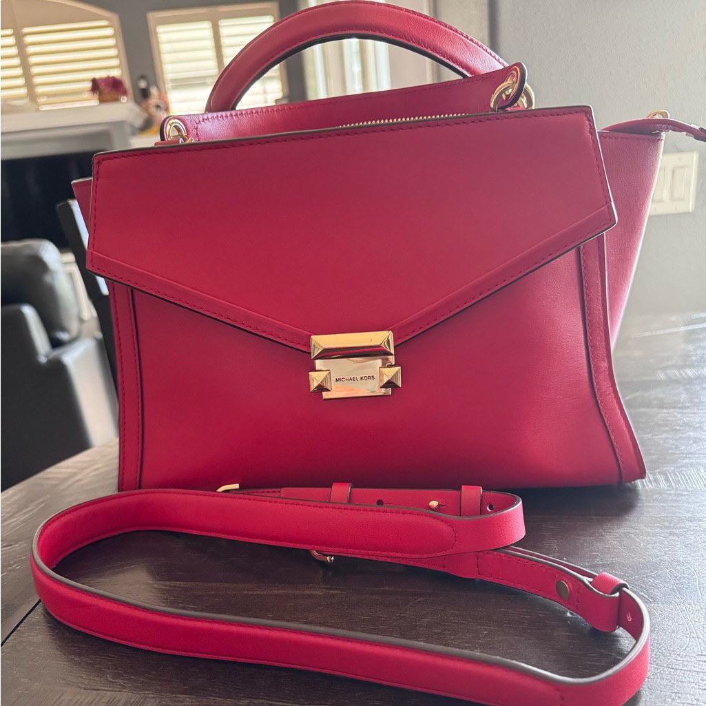 Michael Kors Red Satchel Top Handle Bag Gold-Tone Hardware Detachable Strap